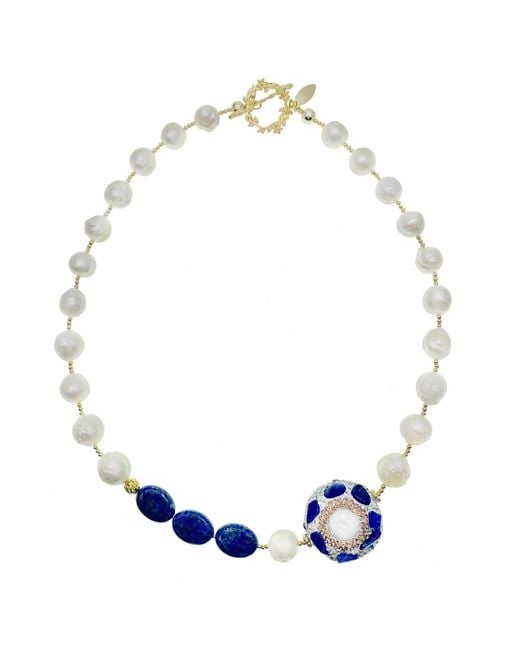 Farra Blue Irregular Pearls With Lapis Rhinestone Short Necklace