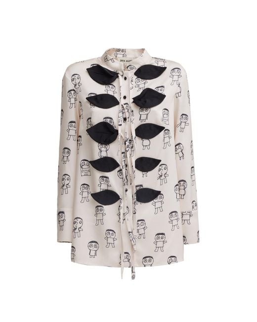 Julia Allert Black Neutrals Art Print Longline Tie Front Blouse – Ivory