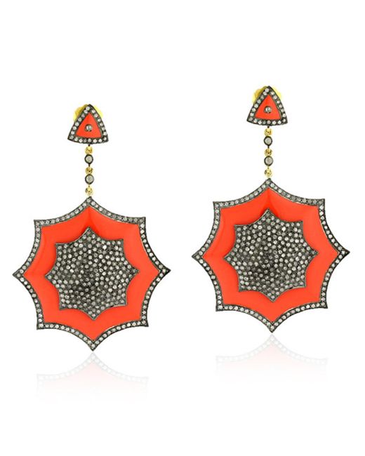 Artisan Red Natural Diamond With 18k Gold & Silver Enamel Designer Dangle Earrings