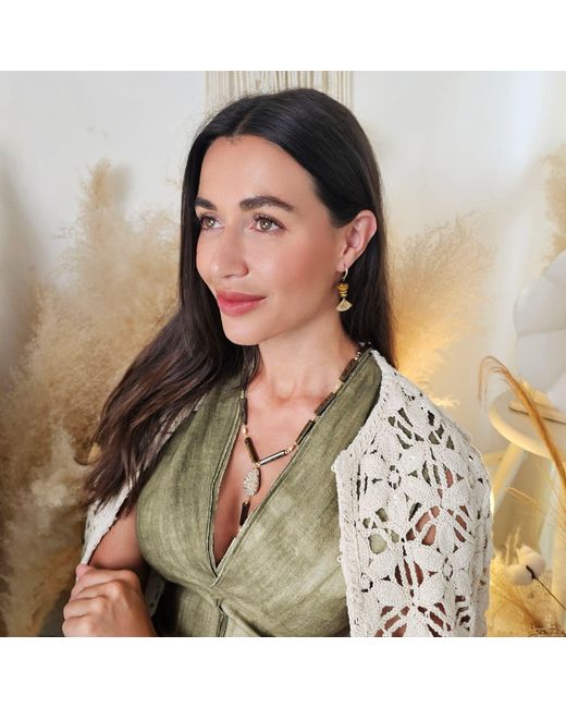 Farra Metallic Elegance Tiger-Eye Stone With Fan Dangle Earrings