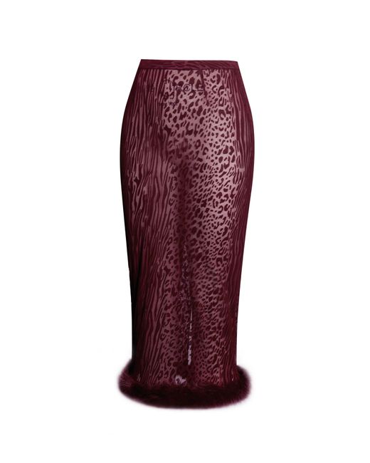 Miss Circle New York Red Halia Burgundy Animal Print Burnout Velvet Fur Trim Skirt