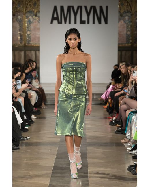 Amy Lynn Green Clara Denim Foil Coated Midi Skirt