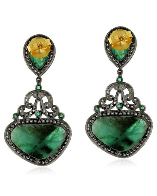 Artisan Green Unshaped Emerald & Diamond In 18k Solid Gold With Silver Vintage Dangle Earrings