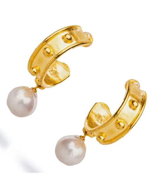 Ebru Jewelry Metallic Pearl Drop Gold Hoop Earrings