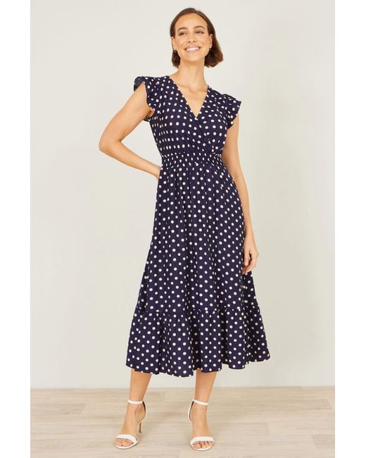 Yumi' Blue Spot Ruched Waist Midi Dress