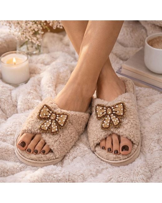 Laines London Natural Neutrals Neutral Boucle Slippers With & Pearl Beaded Pretty Bow Brooches
