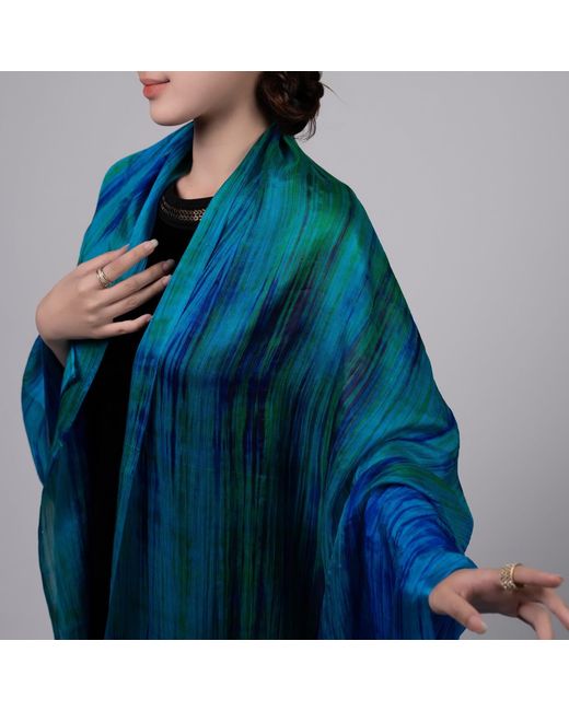 Silk and Bears Blue Emerald Brushstroke Silk Scarf – Hand-Dyed Mulberry Silk Shawl