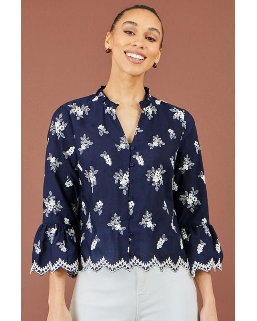 Yumi' Blue Broderie Shirt With Fluted Sleeves