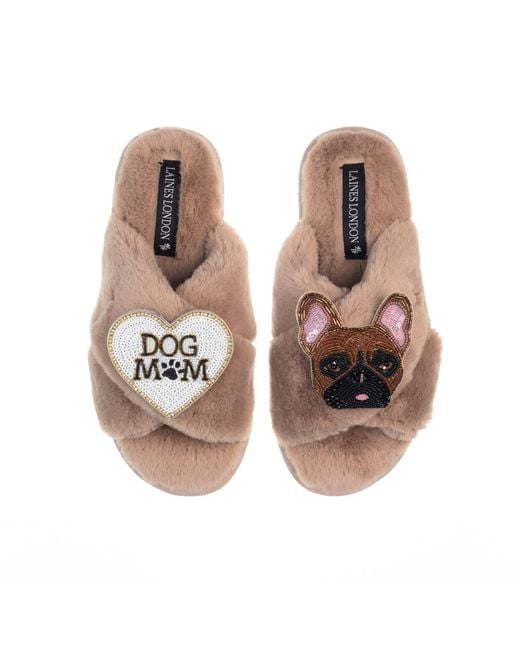 Laines London Brown Classic Laines Slippers With Cookie The Frenchie & Dog Mum Mom Brooches