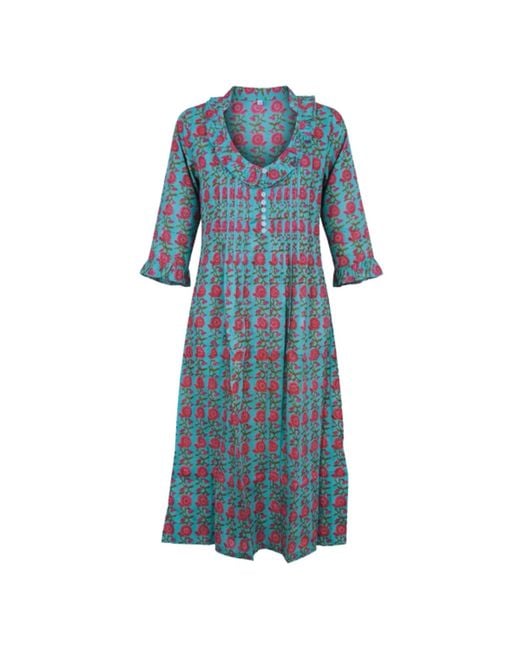 At Last Blue Cotton Karen 3/4 Sleeve Day Dress