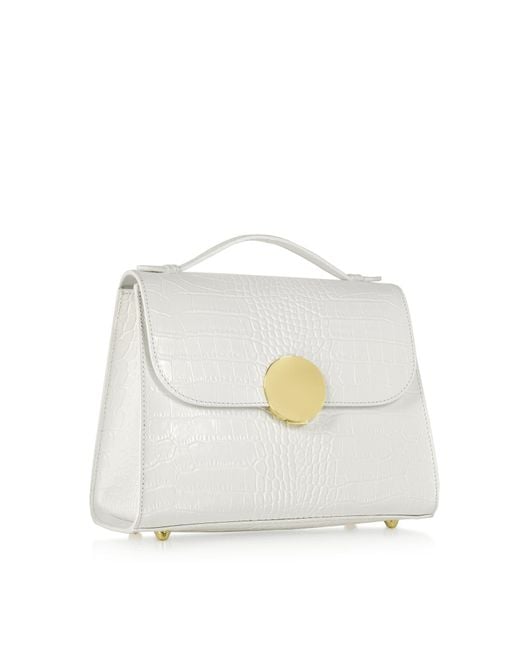 Le Parmentier White Bombo Croco Embossed Leather Top-Handle Satchel Bag W/Strap