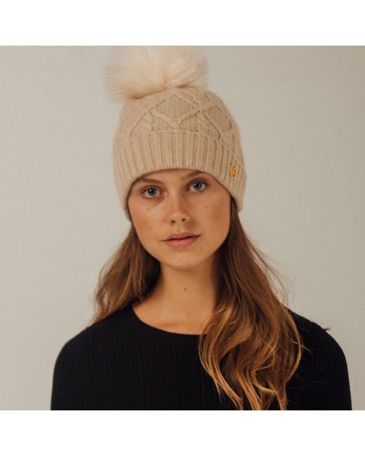 Bel Cashmere Natural Neutrals Cable Cashmere Hat With Pon Pon
