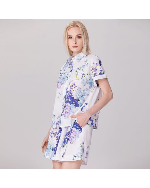 Smart and Joy Blue Macro Floral Print Short Sleeves Shirt