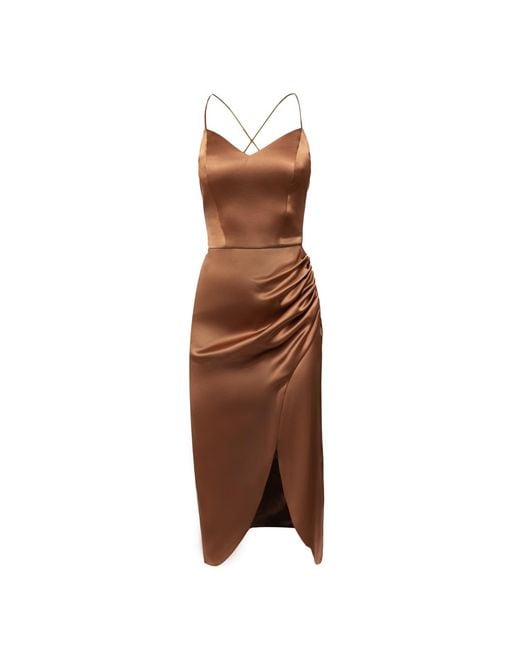Nomi Fame Brown Selena Satin Midi Dress With Straps And Draped Skirt