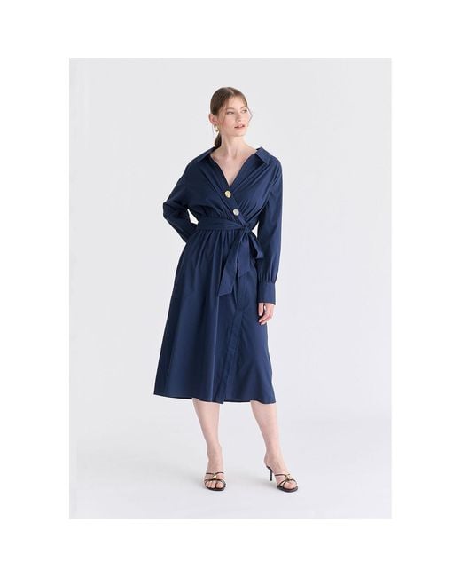 Paisie Blue Wrap Midi Shirt Dress With Metallic Button Details
