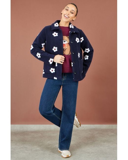 Yumi' Blue Embroidered Daisy Fleece Jacket