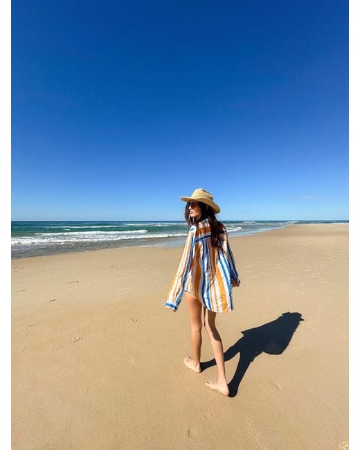 Hut Noosa Blue Zanzibar Stripe Oversized Boyfriend Linen Shirt