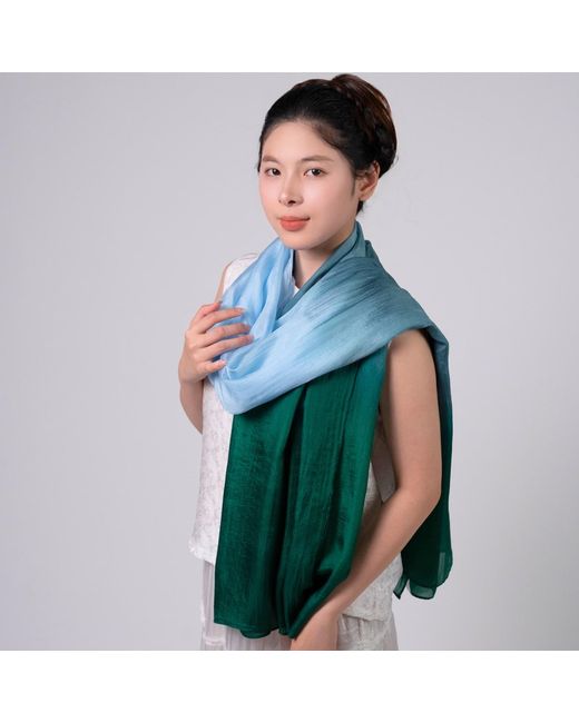 Silk and Bears Green Emerald Horizon Ombre Silk Shawl – Hand-Dyed Mulberry Silk Wrap