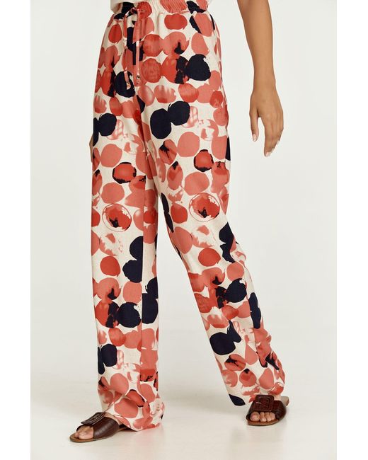 Conquista Red Apricot Print Linen Style Wide Leg Pants