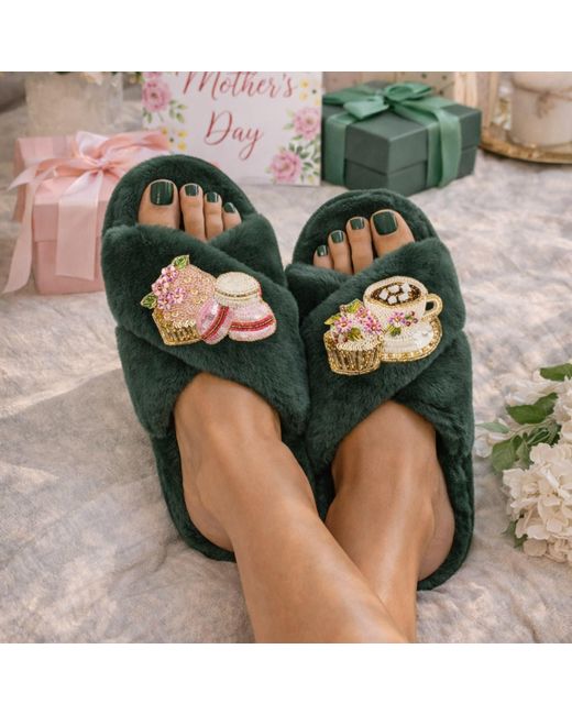 Laines London Green Classic Laines Slippers With Mother's Day Macaroon Brooches