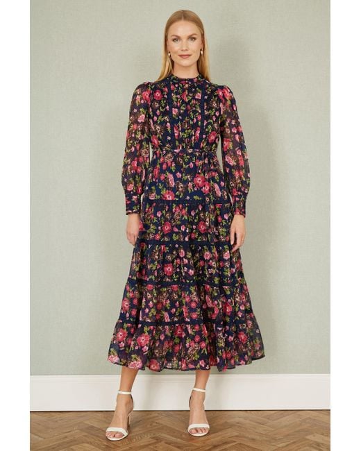 Yumi' Blue Blossom Print Maxi Dress With Long Sleeves & Lace Trims