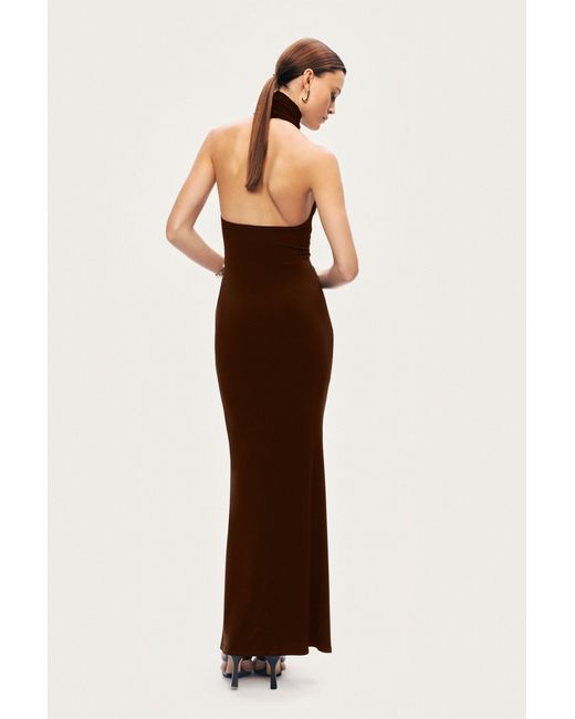Nocturne Brown Halter-Neck Draped Maxi Dress
