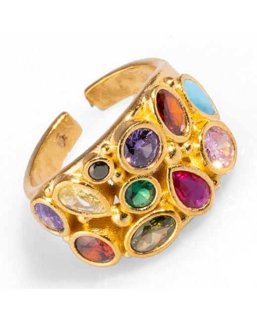 Ebru Jewelry Metallic Teardrop Colorful Multi Gemstone & Adjustable Statement Ring