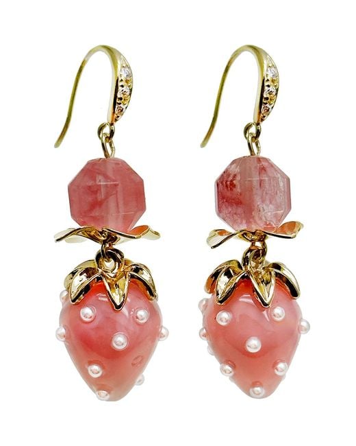 Farra Red Watermelon Quartz With Strawberry Glass Dangle Earrings