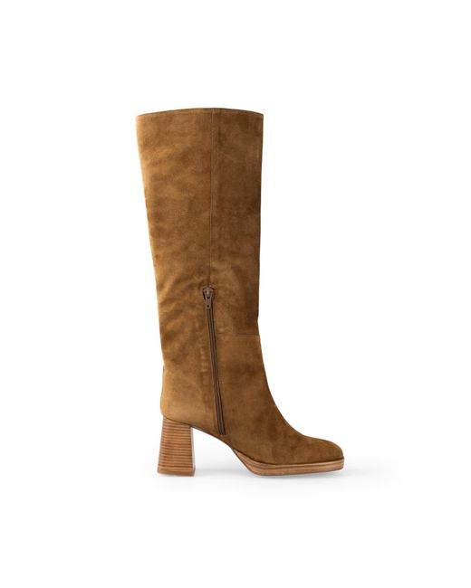 Alura Brown Tall Carina Boots With A Chunky Heel And Platform Made Of Natural Suede Leather