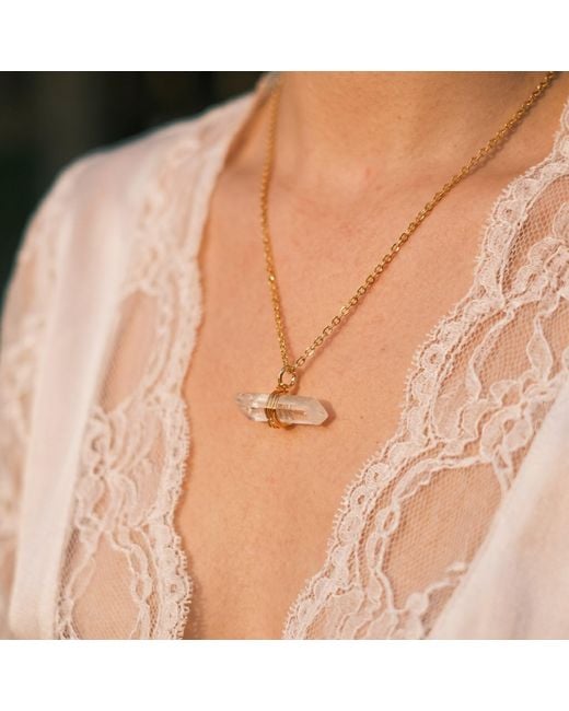 Ormiro Metallic Axis Mundi Clear Crystal Quartz Point Pendant Necklace