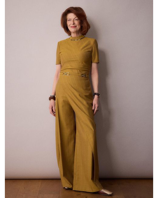 Amanda Thompson Couture Metallic Tilda Asymmetric Top/ Mustard Pinstripe