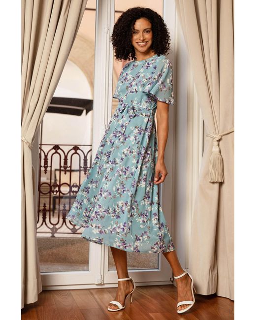 Yumi' Blue Blossom Skater Midi Dress With Angel Sleeves