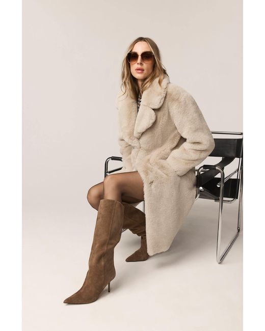 ISSY LONDON Gray Neutrals Greta Luxe Longline Faux Fur Coat Chalk