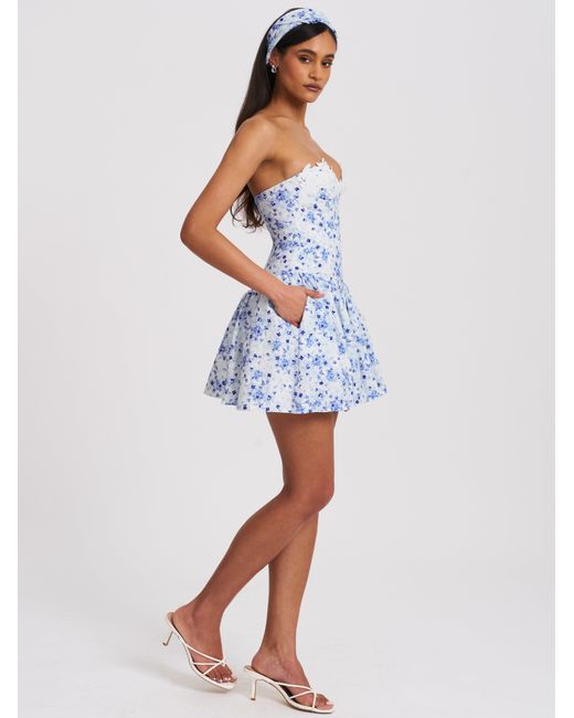 Miss Circle New York Blue Taleah Floral Print Linen Mini Dress With Lace Trim