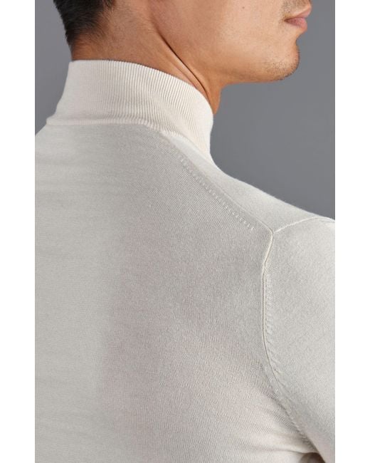 Paul James Knitwear White Neutrals Ultra Fine Cotton Mock Turtle Neck Spencer Jumper for men