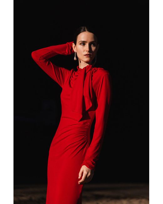 Lendrop Studios Red Yuna Tie Neck Midi Dress