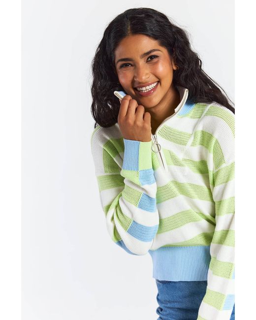 Brodie Cashmere Green Mesh Stripe Half Zip
