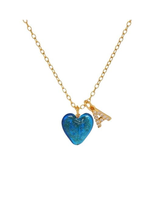 VALERIE CHIC Blue Initial Letter Aquamarine Sparkle Heart Necklace