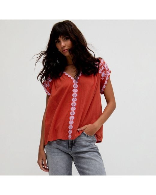 Raffya Orange Luna Blouse With Embroidery