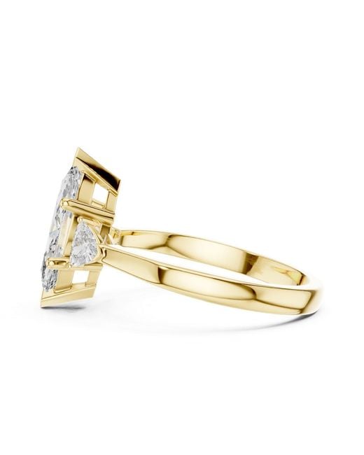 Aya Fine Jewelry Metallic Handcrafted Marquise Cut Three Stone Lab Diamond Engagement Ring With Trillion Side Stones