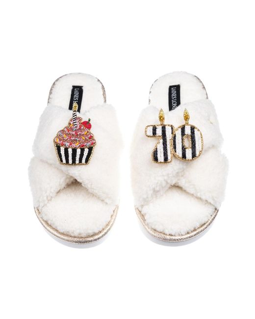 Laines London White Neutrals Laines Neutral Boucle Slippers With Stripe 70Th Birthday & Cake Brooches