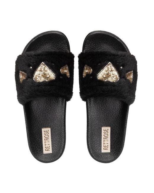 Rettrose Black Ella Luxury Plush Diamanté Embellished Handmade Sliders