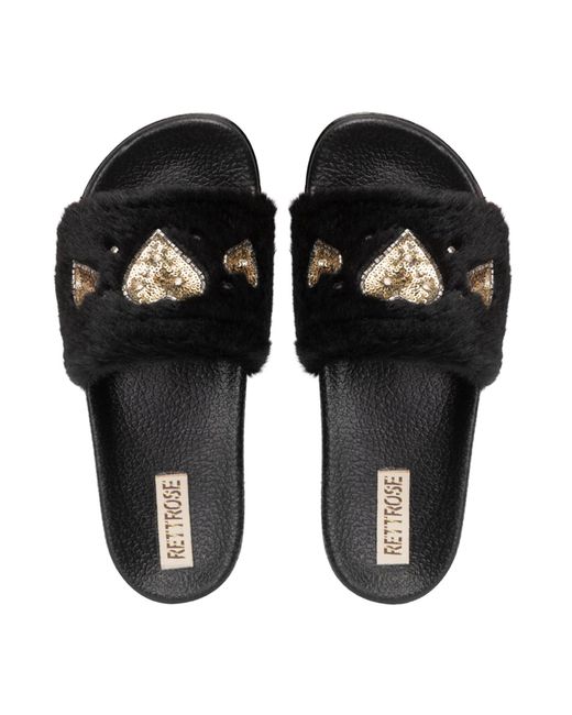 Rettrose Black Ella Luxury Plush Diamanté Embellished Handmade Sliders