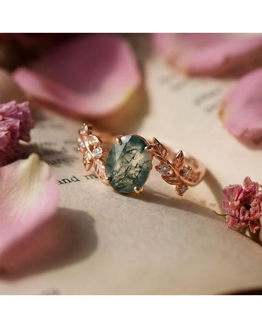 Azura Jewelry New York Metallic Between The Leaf Oval Moss Agate Ring Solid