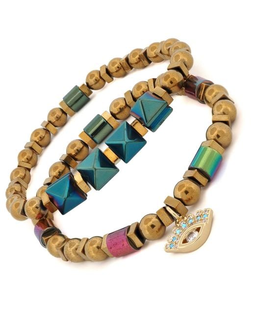 Ebru Jewelry Metallic Evil Eye Charm Fashion Style Hematite Beaded Bracelet Set
