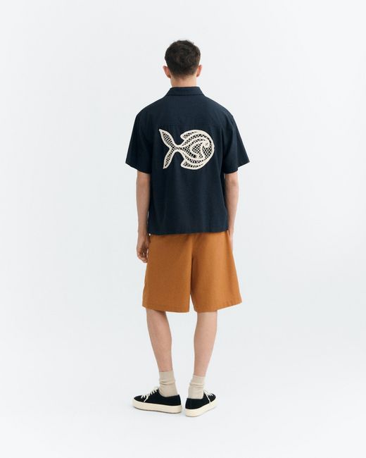 Thinking Mu Blue Fish Kurtis Oversize Hand-Embroidered Shirt for men