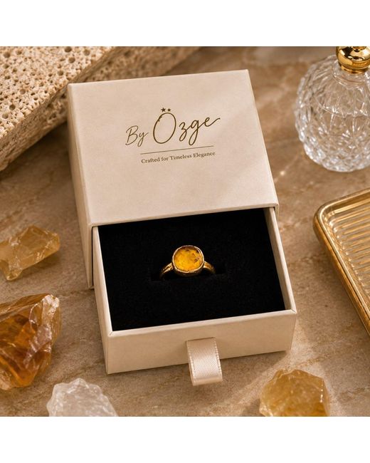By Ozge Metallic Natural Golden Citrine Plated Adjustable Statement Ring