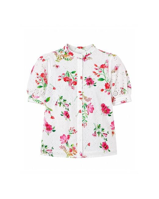 Yumi' White Cotton Broderie Anglaise Floral Shirt