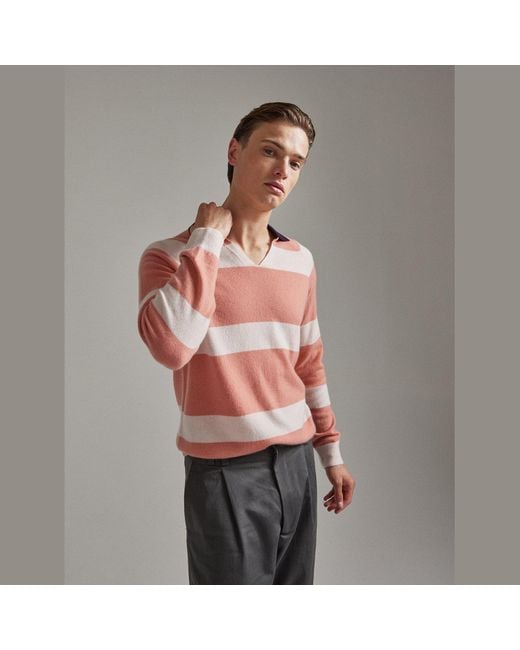 Salts Pink Split Neck Polo Stripe Sweater