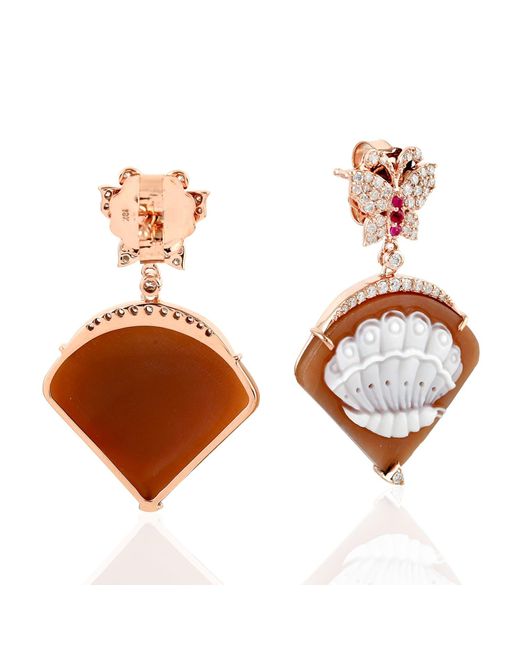 Artisan Brown 18k Shell Cameos Ruby Butterfly Dangle Earrings Diamond Jewelry
